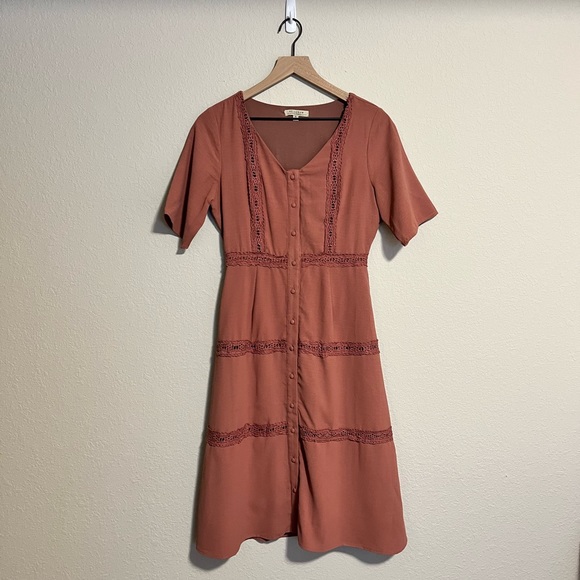 Polagram Dresses & Skirts - Polagram Dusty Rose Mauve Eyelet Button Down MIDI Dress Size Small #58